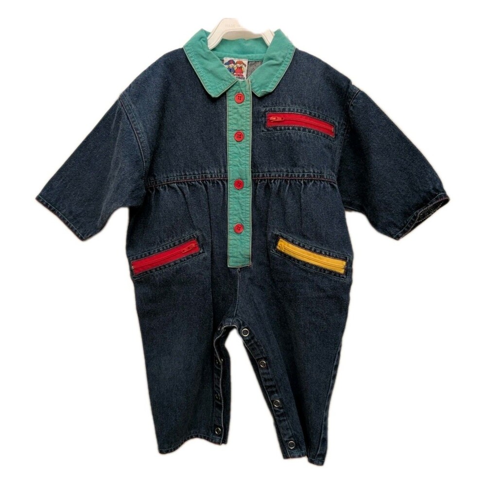 VINTAGE Pete's Partner Youth Outfit Size 12 Month Color Block Denim Red Zippers
